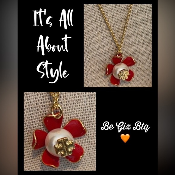 Tory Burch Gold And Samba Red Pearl Flower Necklace - Picture 3 of 7